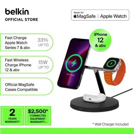 Belkin WIZ017my BoostCharge Pro 3in1 Wireless Charger with MagSafe 15W + adapter (iphone 14/13/12, apple watch, airpods)